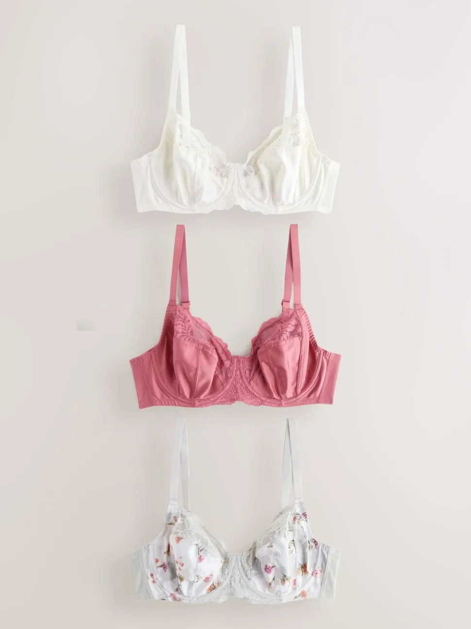 Pink/Cream/Green Floral DD+ Non Pad Full Cup Bras 3 Pack