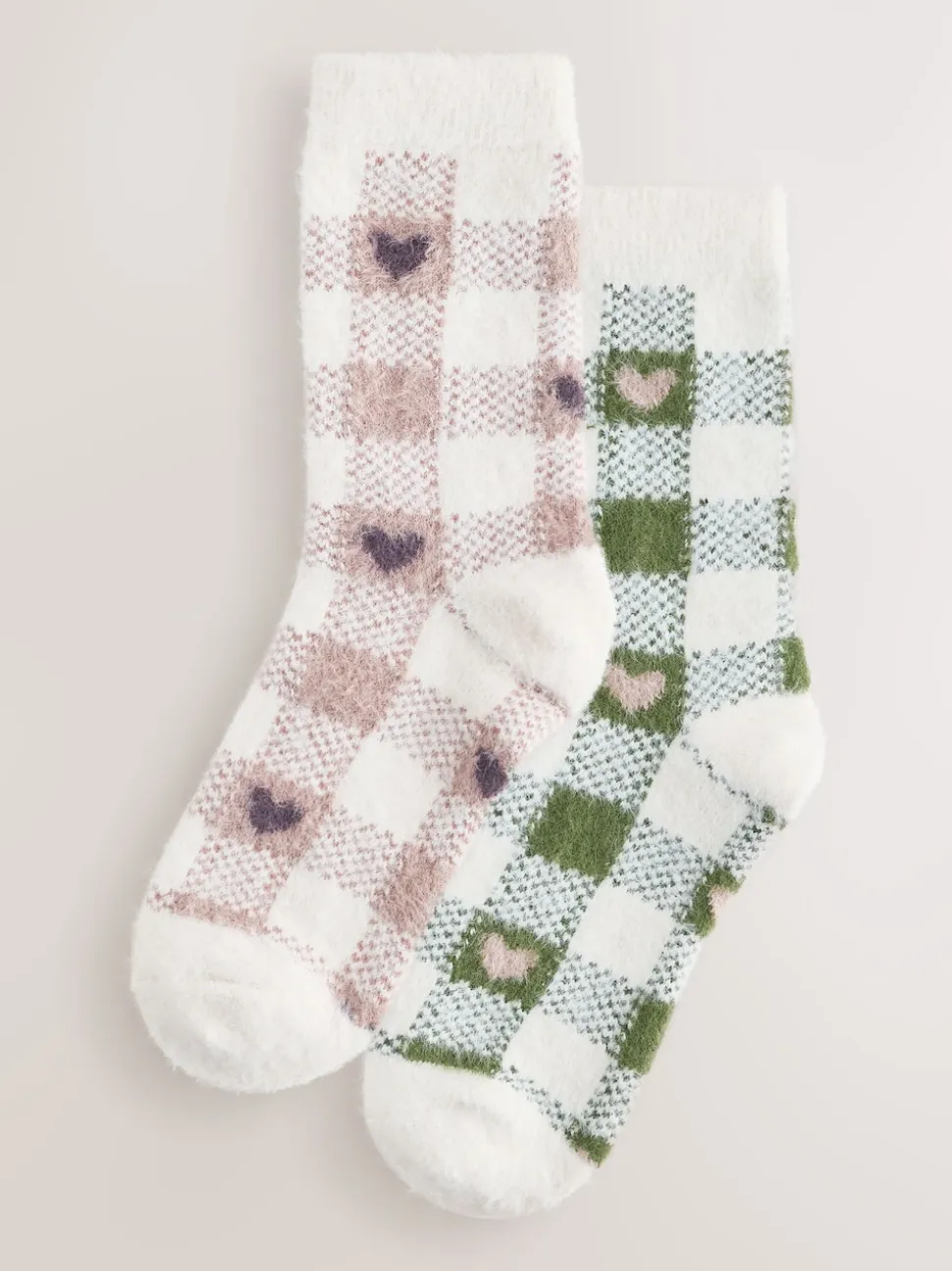 Pink/Green Heart Gingham Superhairy Cosy Socks 2 Pack