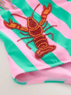 Pink/Green Stripe Beaded Embellished Tummy Control Scoop Swimsuit