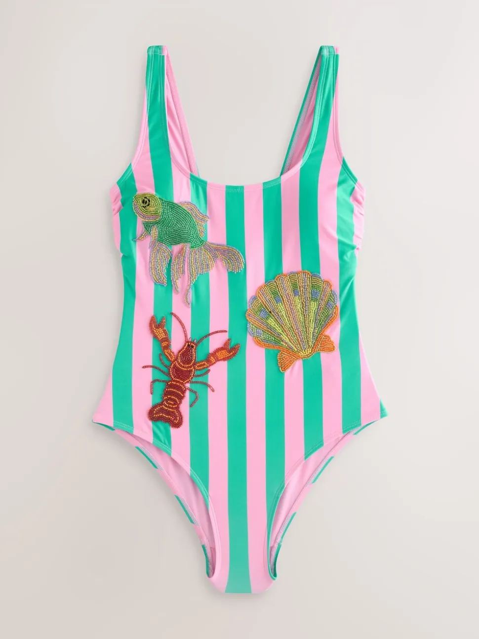 Pink/Green Stripe Beaded Embellished Tummy Control Scoop Swimsuit