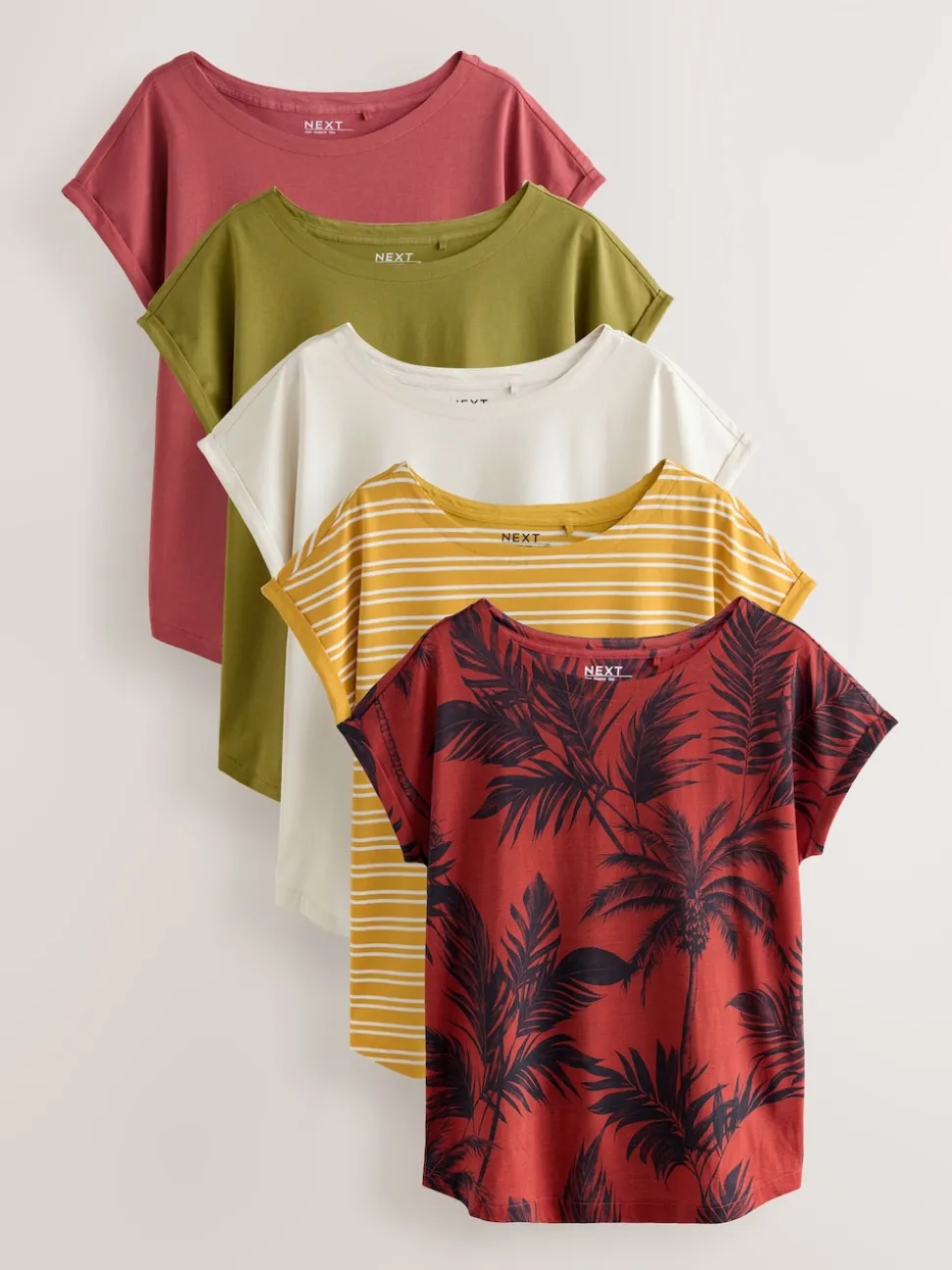 Pink/Green/White/Yellow Stripe/ Palm Print Cap Sleeve T-Shirts 5 Pack