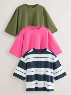 Pink/Khaki/Stripe Elbow Length Crew Neck 100% Cotton T-Shirts 3 Pack