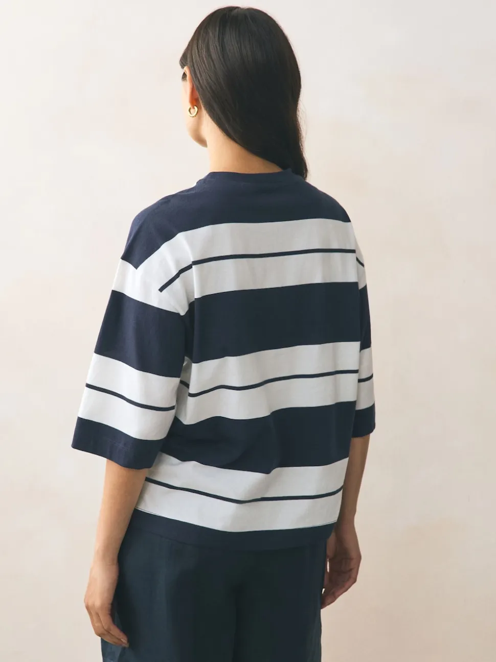 Pink/Khaki/Stripe Elbow Length Crew Neck 100% Cotton T-Shirts 3 Pack