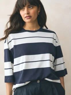Pink/Khaki/Stripe Elbow Length Crew Neck 100% Cotton T-Shirts 3 Pack