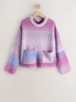 Pink/Purple Spacedye Boucle Crew Neck Jumper With Wool