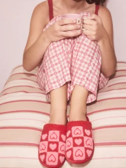 Pink/Red Borg Mule Check Heart Slippers