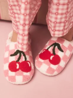 Pink/Red Check Cherry Mule Slippers
