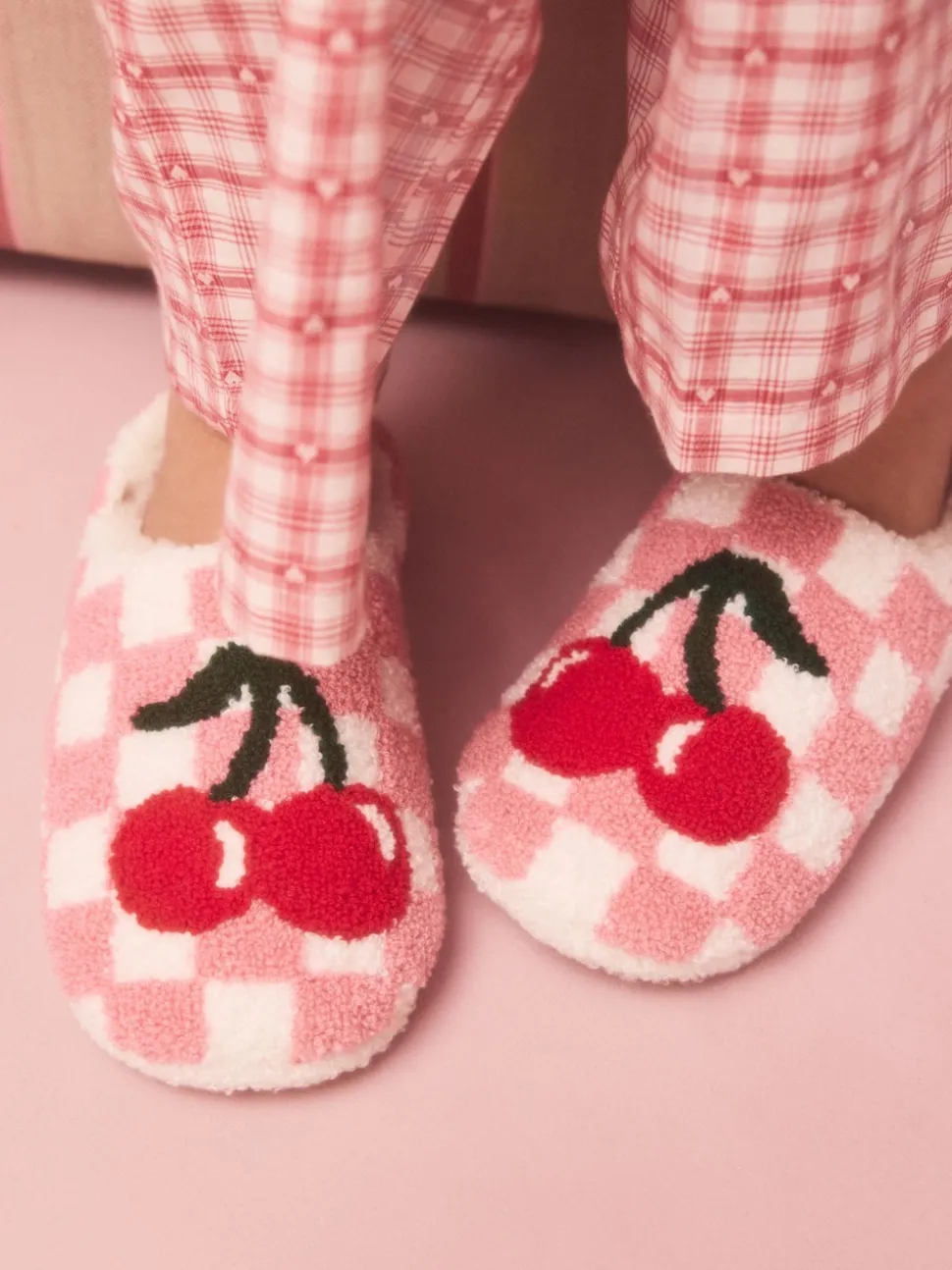 Pink/Red Check Cherry Mule Slippers