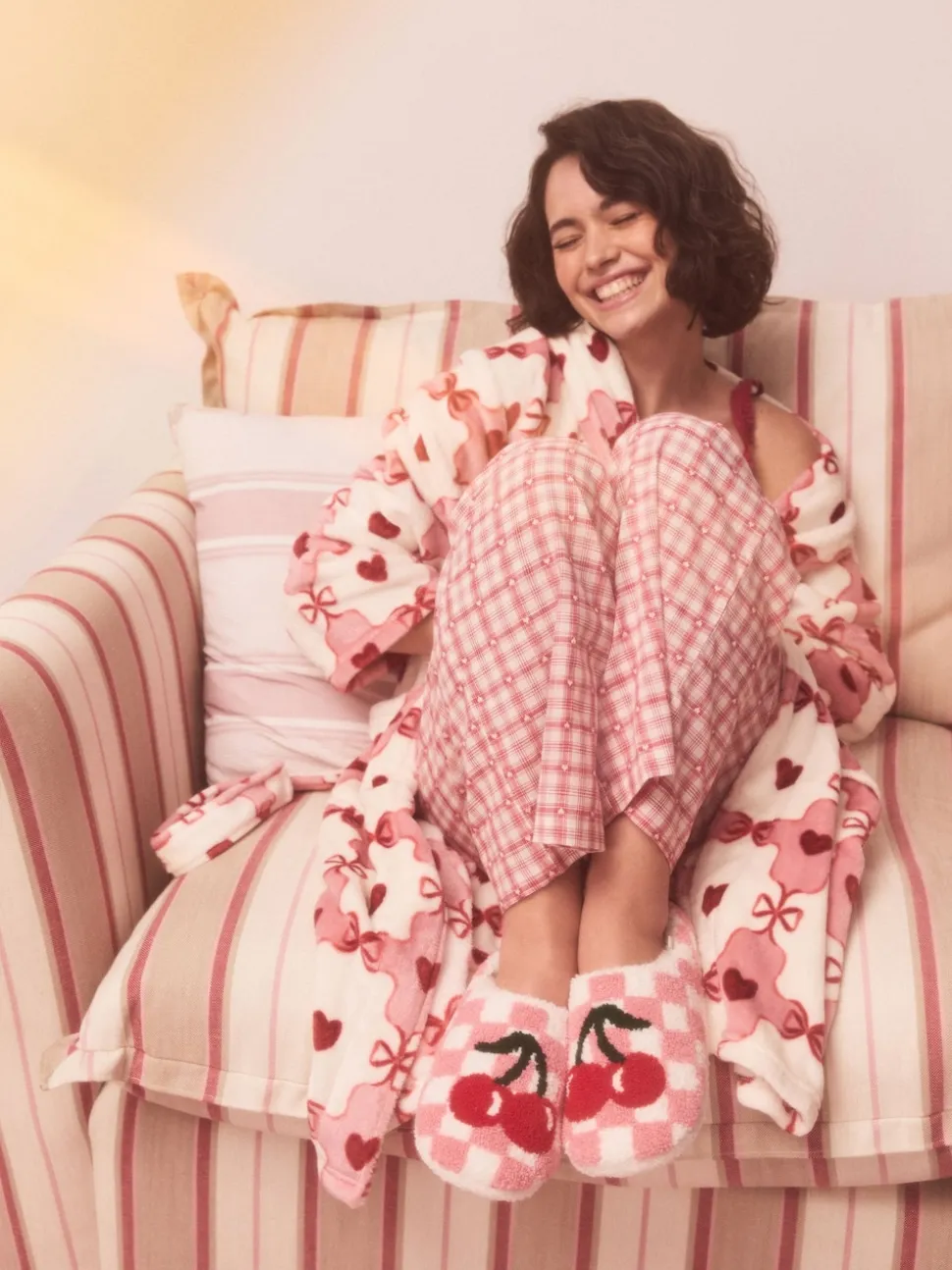 Pink/Red Check Cherry Mule Slippers