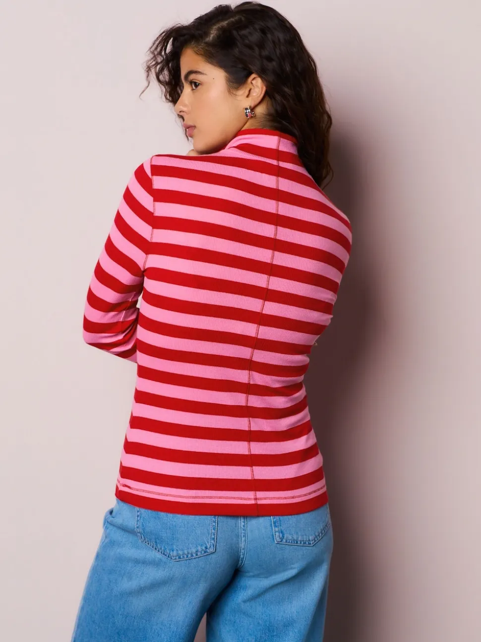 Pink/Red Striped Ribbed High Neck Long Sleeve T-Shirt