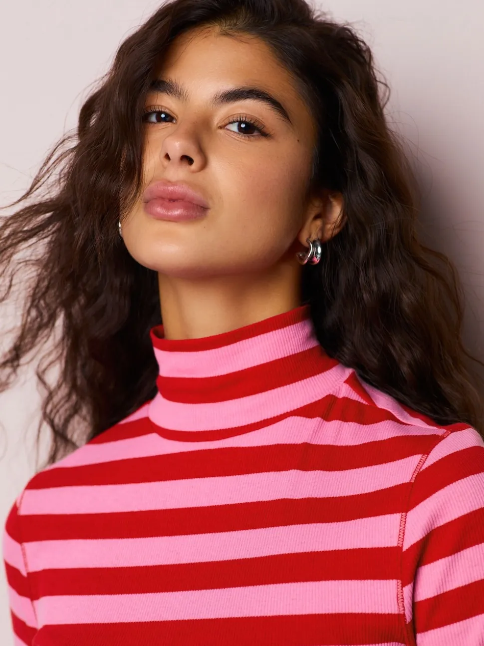 Pink/Red Striped Ribbed High Neck Long Sleeve T-Shirt