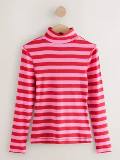 Pink/Red Striped Ribbed High Neck Long Sleeve T-Shirt