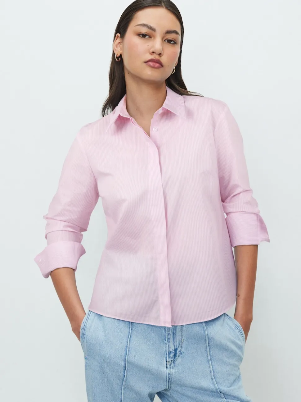 Pink/White Stripe Fitted Stretch Essential Long Sleeve Shirt