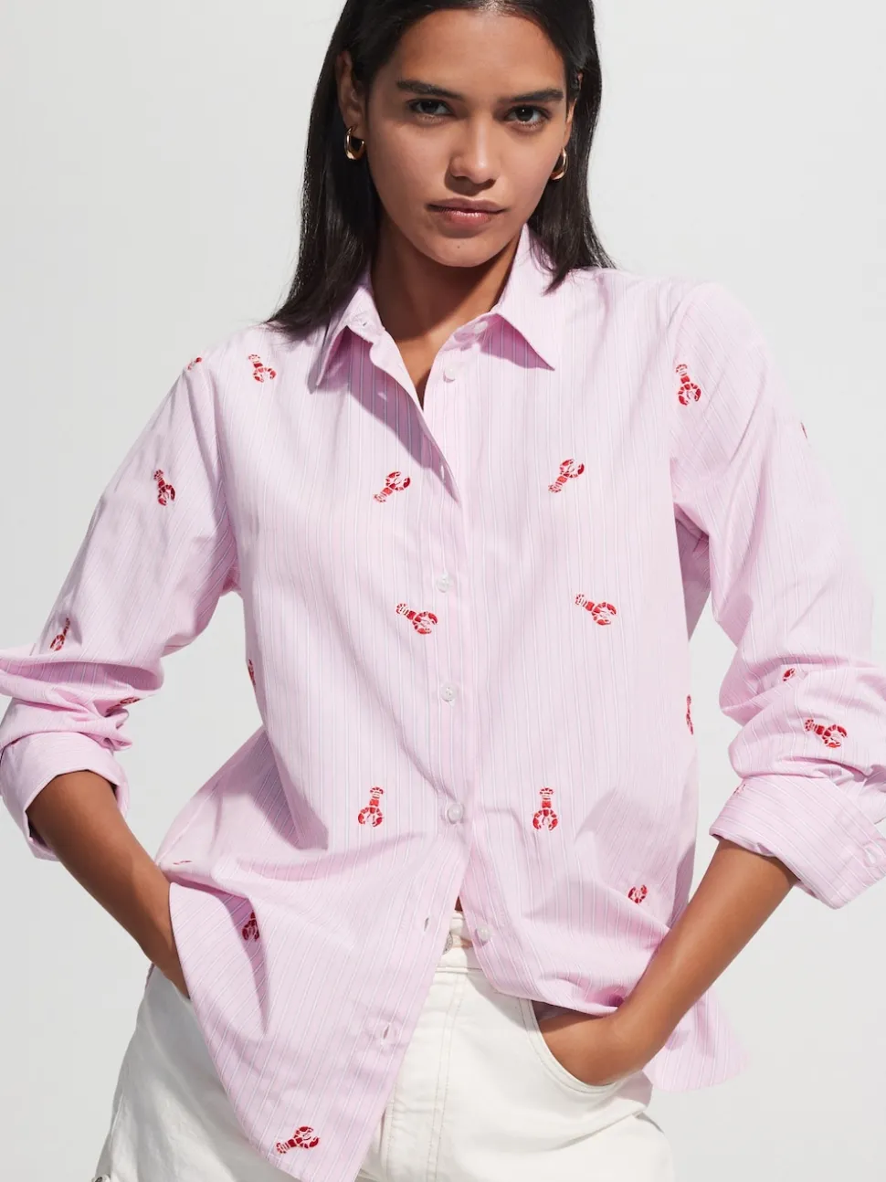 Pink/White Stripe Lobster Embroidered Long Sleeve Shirt