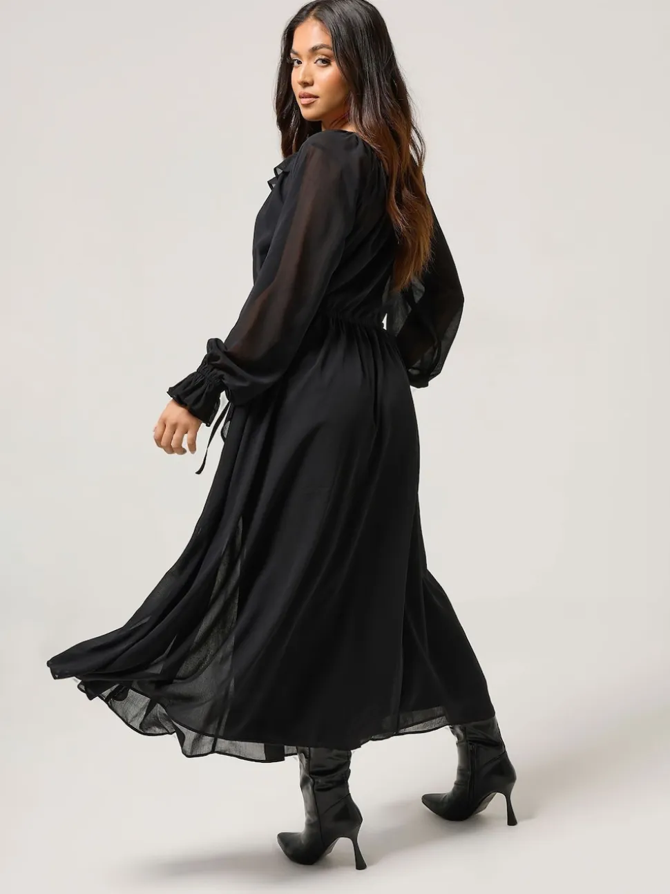 PixieGirl Petite Black Frill Tie Waist Dress