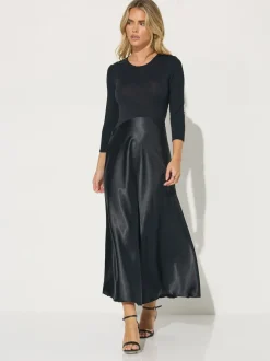 PixieGirl Petite Black Long Sleeve Mixed Satin Skirt Maxi Dress
