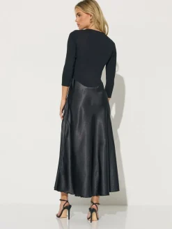 PixieGirl Petite Black Long Sleeve Mixed Satin Skirt Maxi Dress