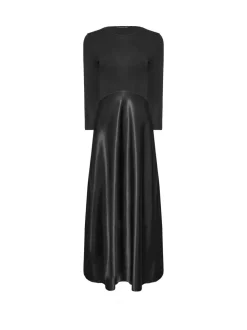 PixieGirl Petite Black Long Sleeve Mixed Satin Skirt Maxi Dress