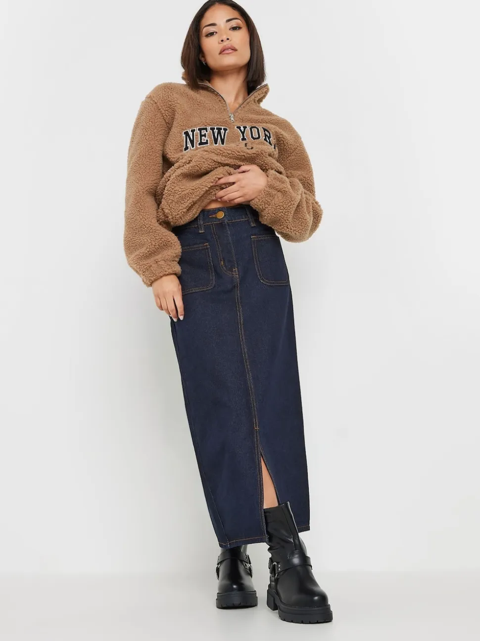 PixieGirl Petite Blue 100% Cotton Patch Pocket Midi Skirt
