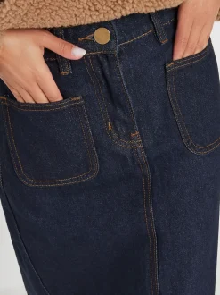 PixieGirl Petite Blue 100% Cotton Patch Pocket Midi Skirt