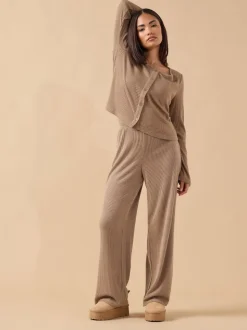 PixieGirl Petite Brown Ribbed Wide Leg Joggers
