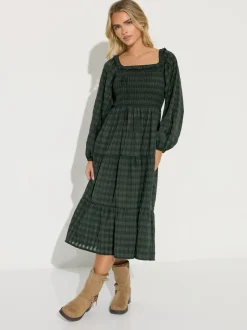 PixieGirl Petite Green Crinkle Check Long Sleeve Dress
