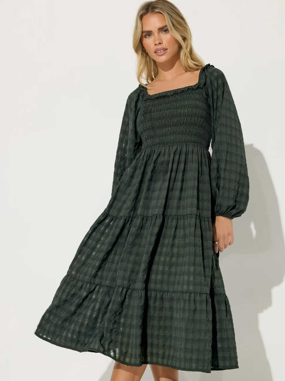 PixieGirl Petite Green Crinkle Check Long Sleeve Dress