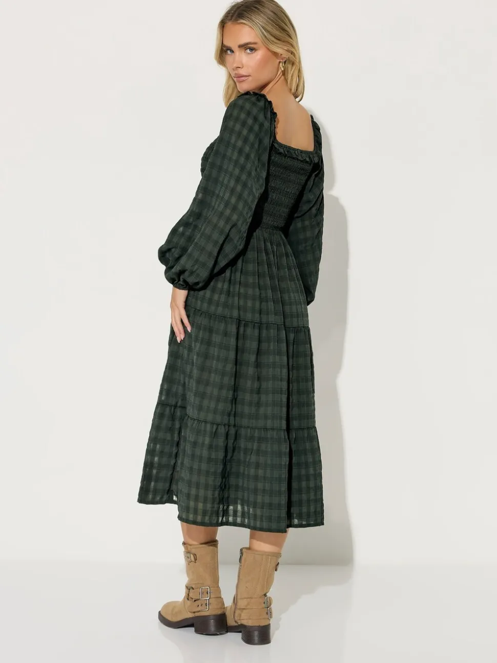 PixieGirl Petite Green Crinkle Check Long Sleeve Dress