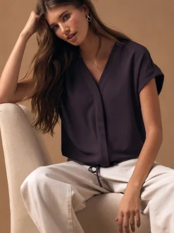 Plum Purple V-Neck Short Sleeved Tie Waist Top