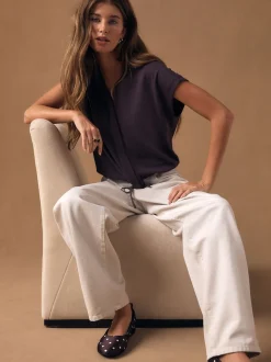 Plum Purple V-Neck Short Sleeved Tie Waist Top