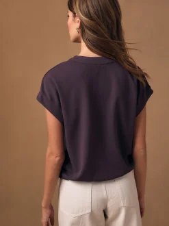 Plum Purple V-Neck Short Sleeved Tie Waist Top