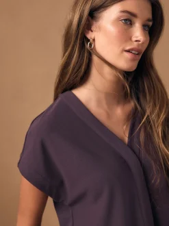 Plum Purple V-Neck Short Sleeved Tie Waist Top