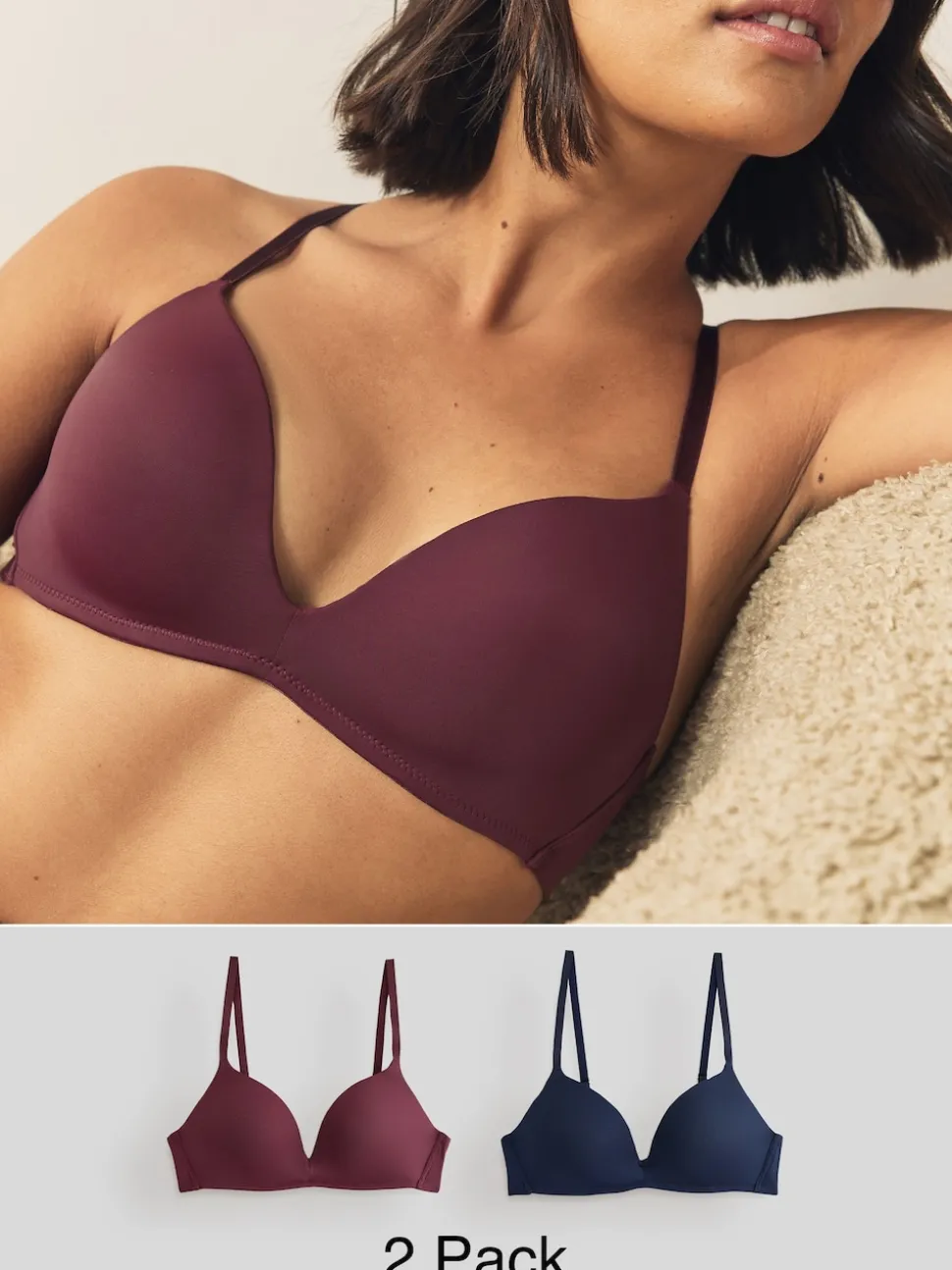 Plum Purple/Navy A-E Push Up Padded Non Wired Smoothing Bras 2 Pack