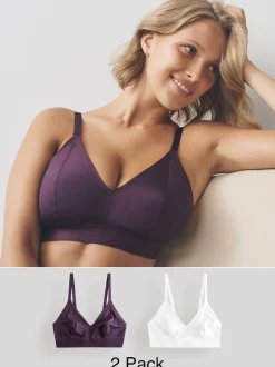 Plum Purple/White Bralette DD+ Ultimate Comfort Non Wire Bralettes 2 Pack