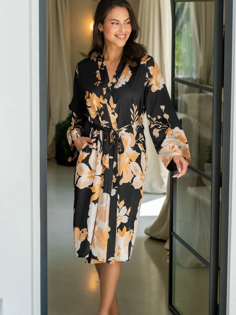 Pour Moi Black Dusk Printed Satin Midi Dressing Gown