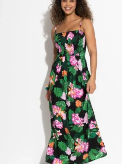 Pour Moi Black Floral Strapless Shirred Bodice Woven Maxi Beach Dress