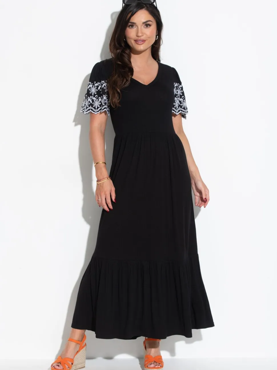 Pour Moi Black Nova Broderie Sleeve Crepe Jersey Midaxi Dress