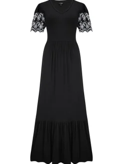 Pour Moi Black Nova Broderie Sleeve Crepe Jersey Midaxi Dress