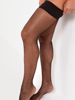 Pour Moi Black VIP Diamante Fishnet Hold-Ups