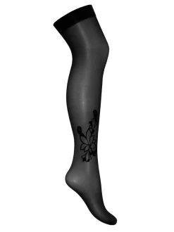 Pour Moi Black/Fuchsia Icon Floral Flock 15 Denier Stocking