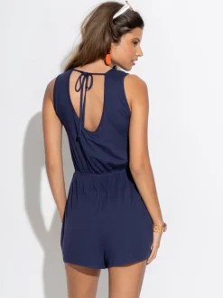 Pour Moi Blue Button Front Stretch Jersey Beach Playsuit
