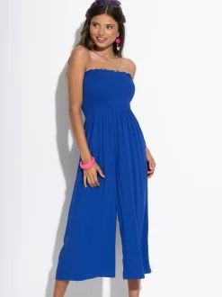 Pour Moi Blue Strapless Shirred Bodice Crop Leg Beach Jumpsuit