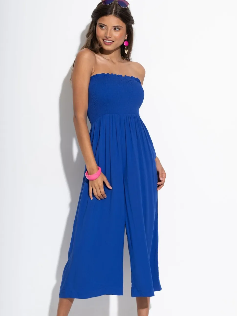Pour Moi Blue Strapless Shirred Bodice Crop Leg Beach Jumpsuit