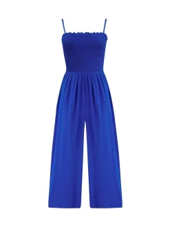 Pour Moi Blue Strapless Shirred Bodice Crop Leg Beach Jumpsuit
