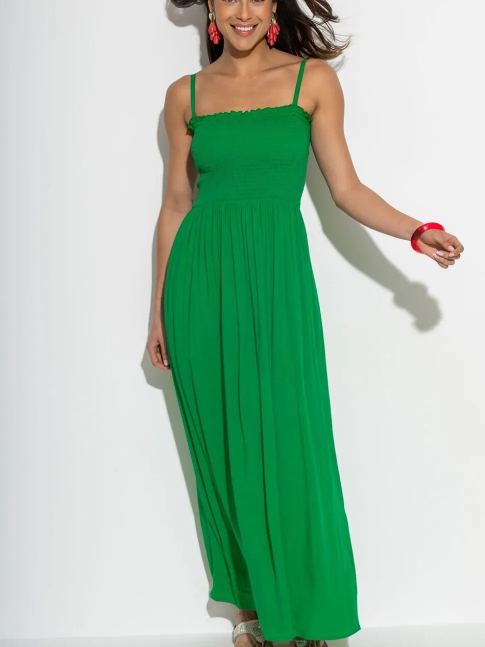 Pour Moi Green Strapless Shirred Bodice Woven Maxi Beach Dress