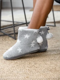 Pour Moi Grey Star Knit Faux Fur Lined Bootie Slippers