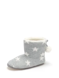 Pour Moi Grey Star Knit Faux Fur Lined Bootie Slippers