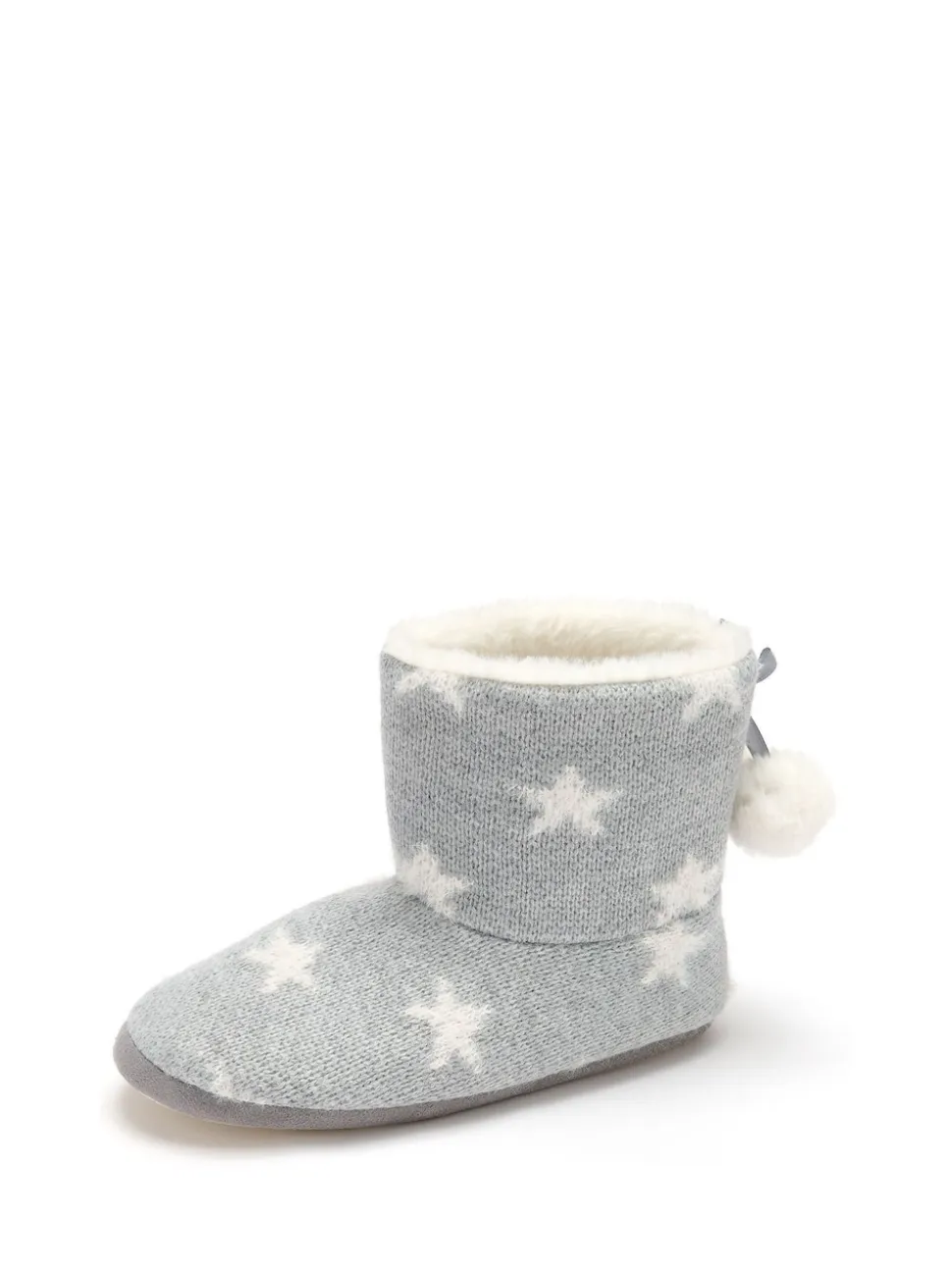 Pour Moi Grey Star Knit Faux Fur Lined Bootie Slippers
