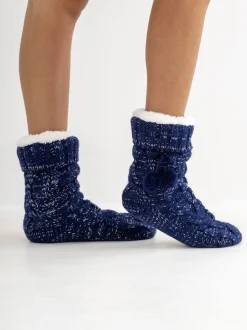 Pour Moi Navy Cosy Cable Knit Lined Slipper Sock