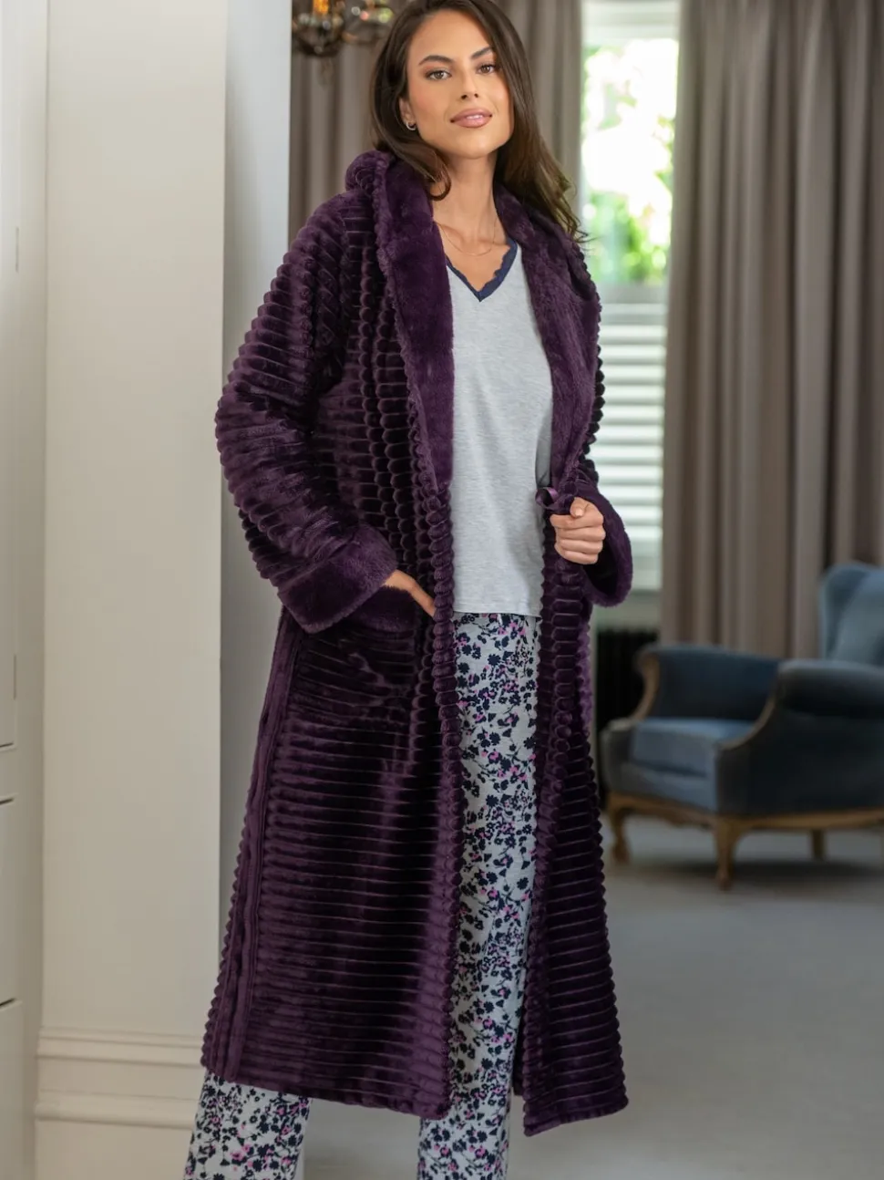 Pour Moi Purple Cosy Ribbed Fleece Midi Hooded Dressing Gown